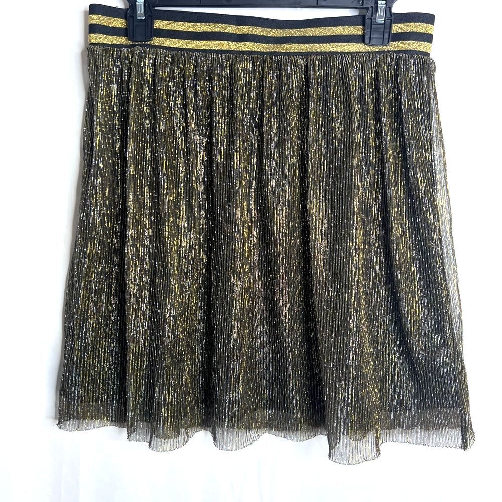 H&M Black and Gold Pleated Chiffon Elastic waistband Mini Skirt L Preppy Chic